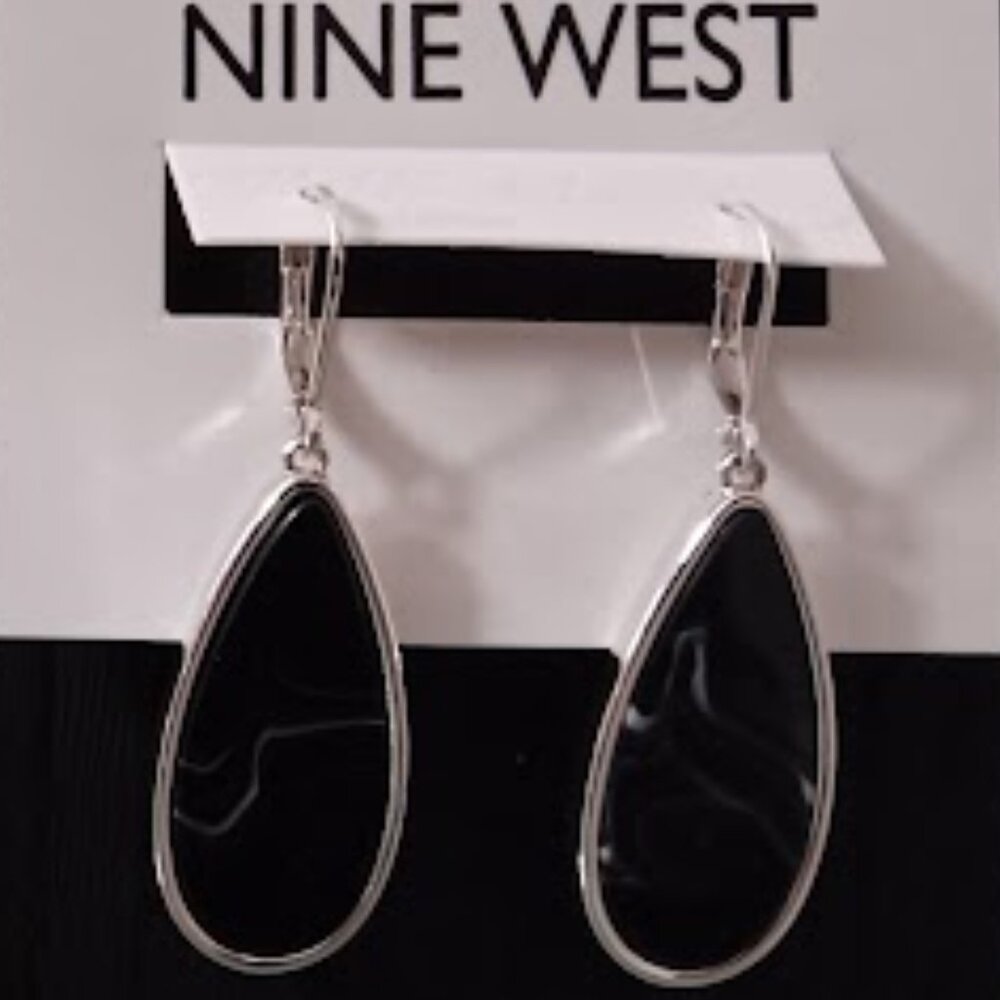 NINE WEST Mod/Contemporary Silver Jet Black w/ Gray Swirl Teardrop Drop Earrings
